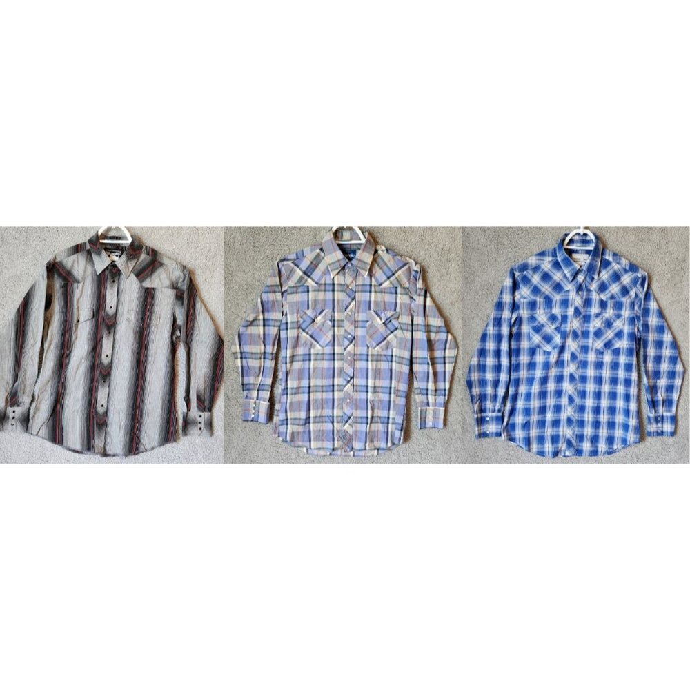 3x Wrangler Plaid & Striped Pearl Snap‎ Long Sleeve Western Shirt Size Medium